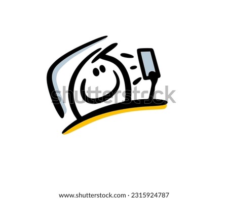 Glad stickman is lying in bed under a blanket and looking at the phone. Vector illustration of young blogger. Cartoon image isolated on white background.