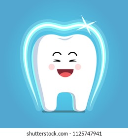 Glad strong shielded cheerful cartoon tooth character with shining protective coat shield. Healthy smiling tooth. Children dentistry and teeth whitening concept. Flat vector clipart illustration