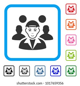 Glad Team Leader vector pictograph. Person face has enjoy expression. Black, grey, green, blue, red, orange color additional versions of team leader symbol inside a rounded squared frame.