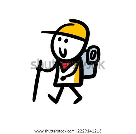 Glad traveller going in hike with big backpack and wooden stick.  Vector illustration of young happy scout.