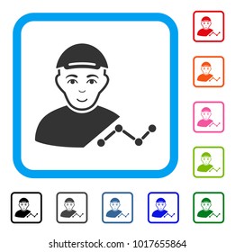 Glad User Chart vector icon. Human face has joy emotion. Black, gray, green, blue, red, orange color additional versions of user chart symbol in a rounded rectangle. A person in a cap.