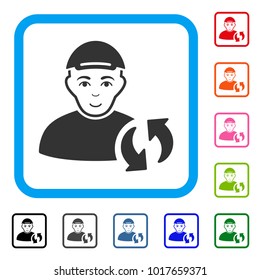 Glad User Refresh vector pictogram. Person face has cheerful sentiment. Black, grey, green, blue, red, orange color versions of user refresh symbol inside a rounded rectangular frame. A dude in a cap.
