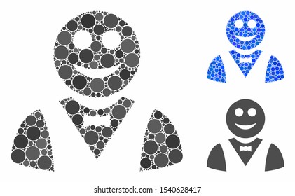 Glad waiter composition of circle elements in different sizes and color tinges, based on glad waiter icon. Vector round elements are grouped into blue composition.
