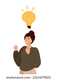 Glad woman with creative business idea.Bright lightbulb,smart solution,insight,discovery,invention start up decision.Happy inventor with light bulb.Flat vector illustration isolated,white background