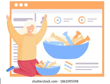 Glad woman joyfully raised her hands up happy with the results of a sweet-free diet. A girl sitting near bowl with sweets. No sugar. Information blog about the dangers of candy vector illustration