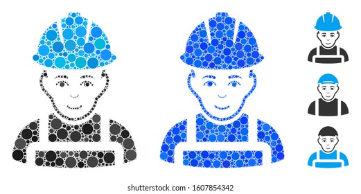 Glad worker composition of small circles in variable sizes and shades, based on glad worker icon. Vector random circles are grouped into blue composition.