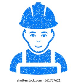Glad Worker grainy textured icon for overlay watermark stamps. Flat symbol with scratched texture. Dotted vector blue ink rubber seal stamp with grunge design on a white background.