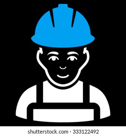 Glad Worker vector icon. Style is bicolor flat symbol, blue and white colors, rounded angles, black background.