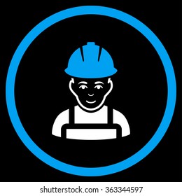 Glad Worker vector icon. Style is bicolor flat circled symbol, blue and white colors, rounded angles, black background.