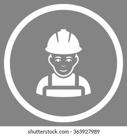 Glad Worker vector icon. Style is flat circled symbol, white color, rounded angles, gray background.