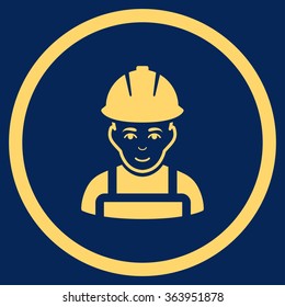 Glad Worker vector icon. Style is flat circled symbol, yellow color, rounded angles, blue background.