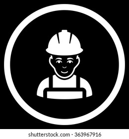 Glad Worker vector icon. Style is flat circled symbol, white color, rounded angles, black background.