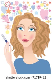 A glad young woman holds a positive test on pregnancy and dreams about a kid