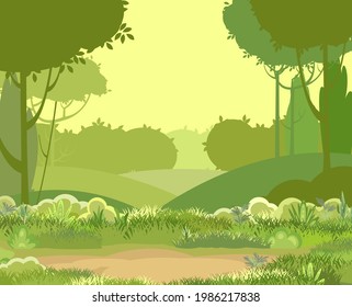 Glade. Atractivo paisaje de vegetación. Silhouette. Estilo de caricatura. Colinas con hierba y árboles. Genial y romántico bonito. Ilustración de fondo de diseño plano. Arte vectorial