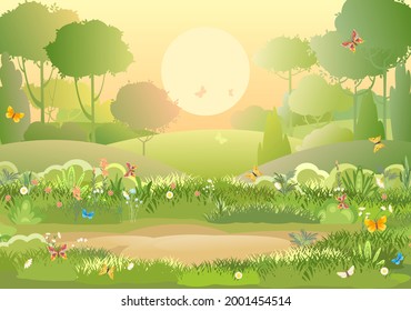 Glade. Amusing beautiful vegetation landscape. Sun. Cartoon style. Hills with grass and trees. Cool romantic pretty. Flat design background illustration. Vector art