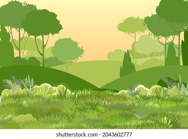 Glade. Atractivo paisaje de vegetación. Atardecer. Estilo de caricatura. Colinas con hierba y árboles. Genial y romántico bonito. Ilustración de fondo de diseño plano. Arte vectorial.