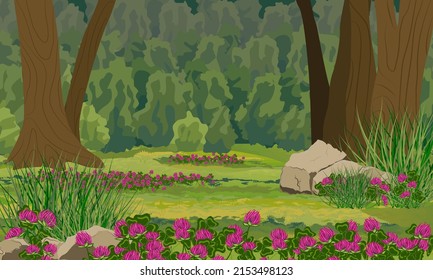 Glade with blooming clover in the forest. Realistic vector landscape