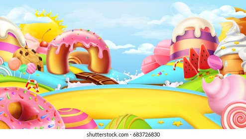 Glade in a candy land. Sweet landscape, 3d vector panorama.