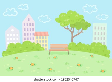 Glade in the city summer park. Green grass, tree, bushes, flowers, houses and a bench. In cartoon style. Vector flat illustration.