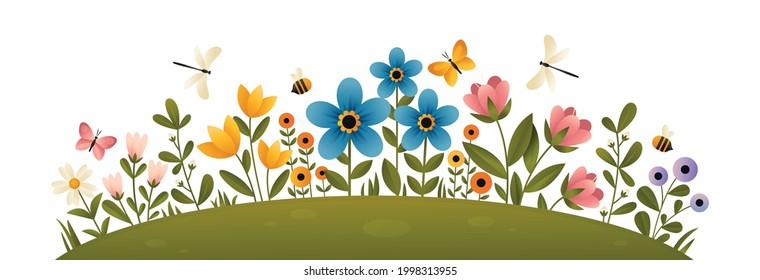 A glade with colorful blooming flowers and plant branches. Summer flowers flat vector illustration with bees, dragonflies and butterflies  on white background. Summer flower bed.