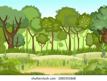 Eine Verglasung am Rand eines grünen, hellen Sommerhauses. Bäume im Gras. Flacher Cartoon-Stil. Landschaft mit dichten Dicken. Illustrationsvektor.