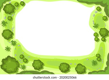 Glade in the forest. Frame with place for text. Trees and shrubs. View from above. Plant landscape. Top view. Height. Illustration in cartoon style. Isolated on white background Vector.