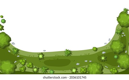 Glade in the forest. Frame with place for text. Trees and shrubs. View from above. Plant landscape. Top view. Height. Illustration in cartoon style. Isolated on white background Vector.