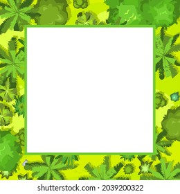 Glade en el bosque. Marco con lugar para el texto. Árboles y arbustos. Vista desde arriba. Paisaje vegetal. Vista superior. Altura. Ilustración al estilo de las caricaturas. Aislado en el vector de fondo blanco