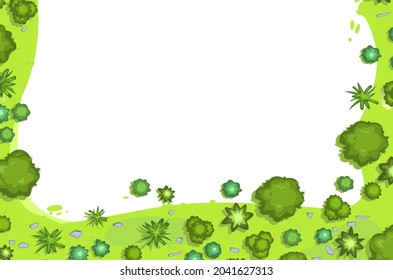 Glade in the forest. Frame with place for text. Trees and shrubs. View from above. Plant landscape. Top view. Height. Illustration in cartoon style. Isolated on white background Vector.