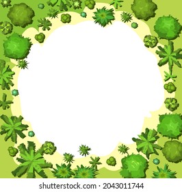 Glade in the forest. Frame with place for text. Trees, palms and shrubs. View from above. Plant landscape. Top view. Height. Illustration in cartoon style. Isolated on white background Vector