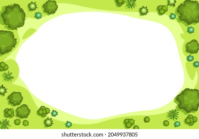 Glade en el bosque. Marco con lugar para el texto. Árboles y arbustos. Vista desde arriba. Paisaje vegetal. Vista superior. Altura. Ilustración al estilo de las caricaturas. Aislado sobre el vector de fondo blanco.
