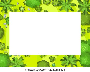 Glade in the forest. Frame with place for text. Trees and shrubs. View from above. Plant landscape. Top view. Height. Illustration in cartoon style. Isolated on white background Vector.