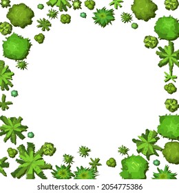Glade in the forest. Frame with place for text. Trees and shrubs. View from above. Plant landscape. Top view. Height. Illustration in cartoon style. Isolated on white background Vector