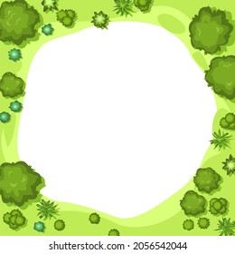 Glade in the forest. Frame with place for text. Trees and shrubs. View from above. Plant landscape. Top view. Height. Illustration in cartoon style. Isolated on white background Vector.