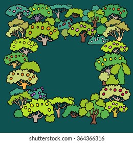 Glade in the garden.Glade surrounded by fruit trees.Fresh green trees.Apple trees with fruits,summer garden.Hand drawn sketchy trees and bushes