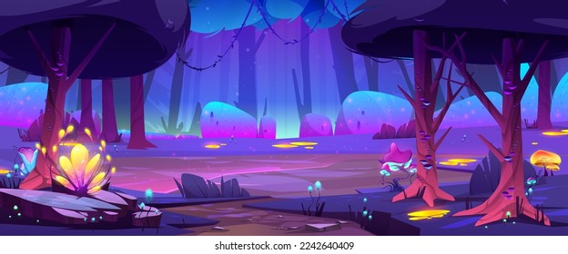 Glade in magic forest at night. Fantastic woods landscape with trees, mushrooms, flowers and grass in mystic purple light, path and stones, vector cartoon illustration
