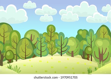A glade on a hill in the forest. Flat cartoon style. Rural landscape with dense thickets. Bright summer sky with clouds. Vector