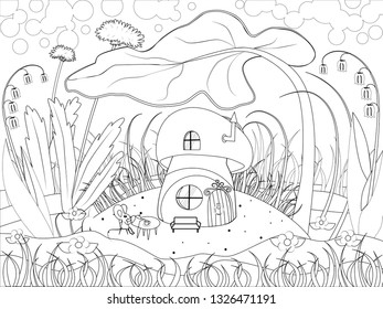 Glade painted lines with a mushroom house and a fun mouse. Childlike illustration with plants, flowers, dandelions, bells and a small house. mouse pours tea sitting in a chair at the table.