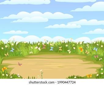 Glade. Place in a meadow with wildflowers. Grass close-up. Beautiful green rural landscape. Cartoon style. Flat design. Countryside view. Flowers. Vector illustration. art