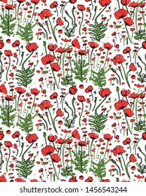 Glade of poppies seamless repeating pattern.