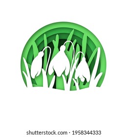 A glade with snowdrops in a multilayer technique. Spring flowers paper cut design. Suitable for laser cutting and postcards. Vector illustration