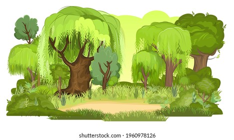 Glade en el bosque de verano. Saltos y robles en la hierba. Estilo de caricatura plano. Paisaje rural con gruesos gruesos. Ilustración aislada en fondo blanco. Vector