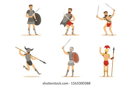 Gladiator The Armed Combatant Of Roman Empire Vector Illustration Set Isolated On White Background