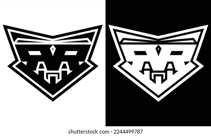 gladiator armor mask, black and white. letter RR
