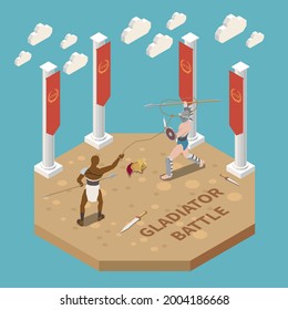 Gladiator battle isometric background with two medieval athletic characters fighting on arena vector illustration