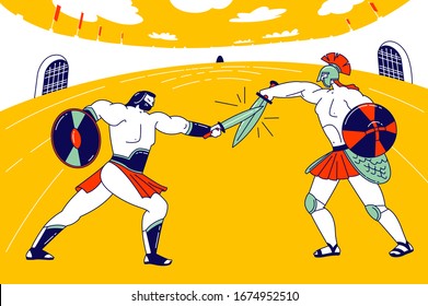 Gladiator Character Fighting With Barbarian On Coliseum Arena, Ancient Roman Armored Spartan Warrior And Moor Fight On Swords, Greek Soldier With Shield Battle Show. Linear People Vector Illustration