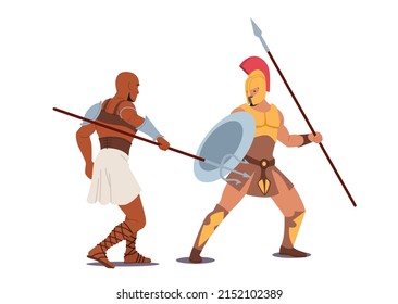 Gladiator Character Fighting With Barbarian On Coliseum Arena, Ancient Roman Armored Spartan Warrior And Moor Fight With Trident And Spear, Greek Battle Show. Cartoon People Vector Illustration