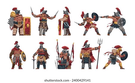 Gladiator characters. Cartoon ancient roman gladiator warrior in different fighting and standing poses, 2D game asset. Vector isolated set of roman gladiator illustration