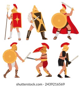 Gladiator characters. People in armor. Warriors with different weapons. Sparta coliseum fight character, ancient roman army characters