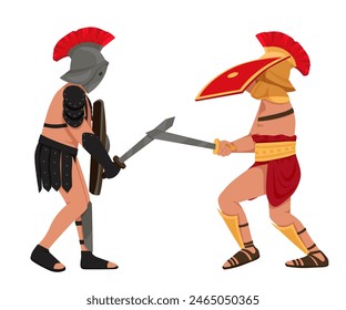 Personajes de Gladiador. Personas en armadura. Guerreros con diferentes armas. Carácter de lucha del coliseo de Esparta, antiguos personajes del ejército romano
